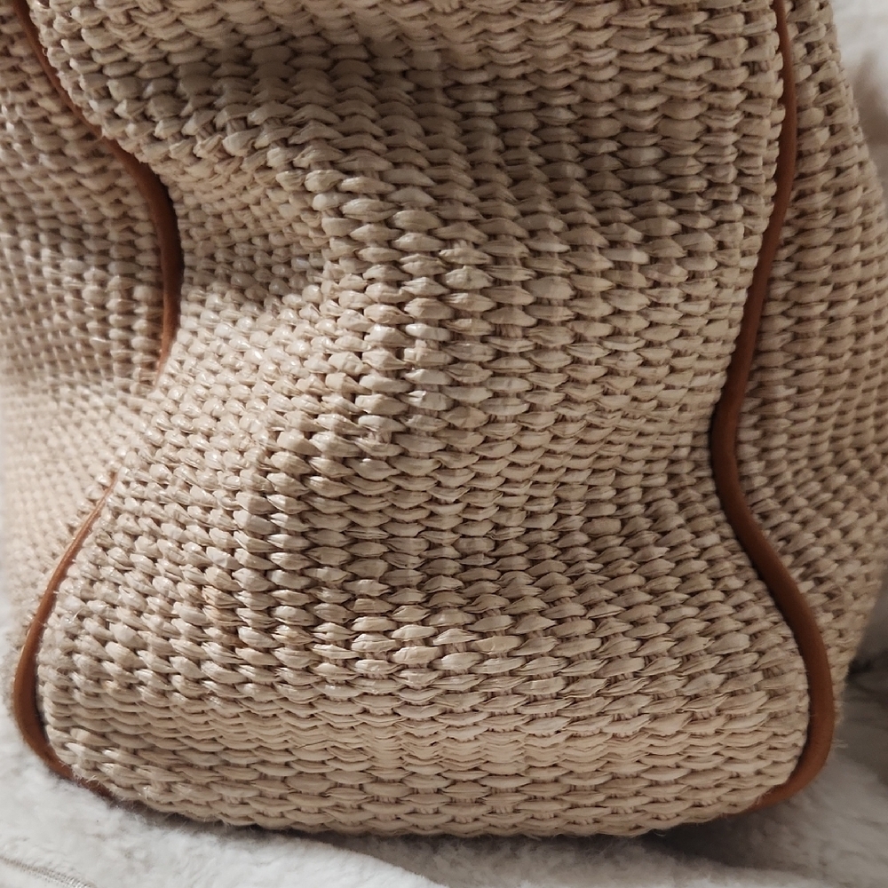 Furla Beige Woven Tote with Tan Leather Trim and Circular Buckle Accent - Picture 5 of 10